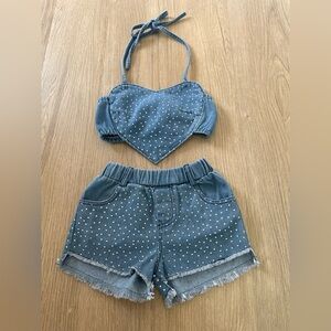 Girls 2Pc Heart Hanging Neck Strap Denim Camisole & Jean Shorts size 90 (2T)
